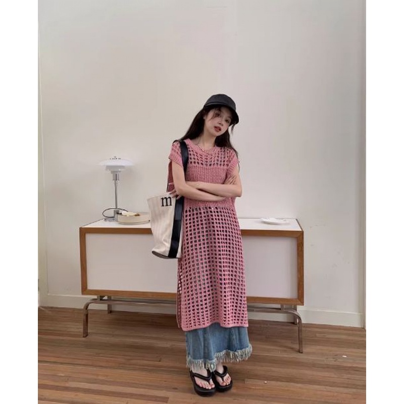 IMAODOU Đầm Midi Dệt Kim Không Tay Dáng Rộng Màu Trơn Thời Trang Mùa Hè Dành Cho Nữ