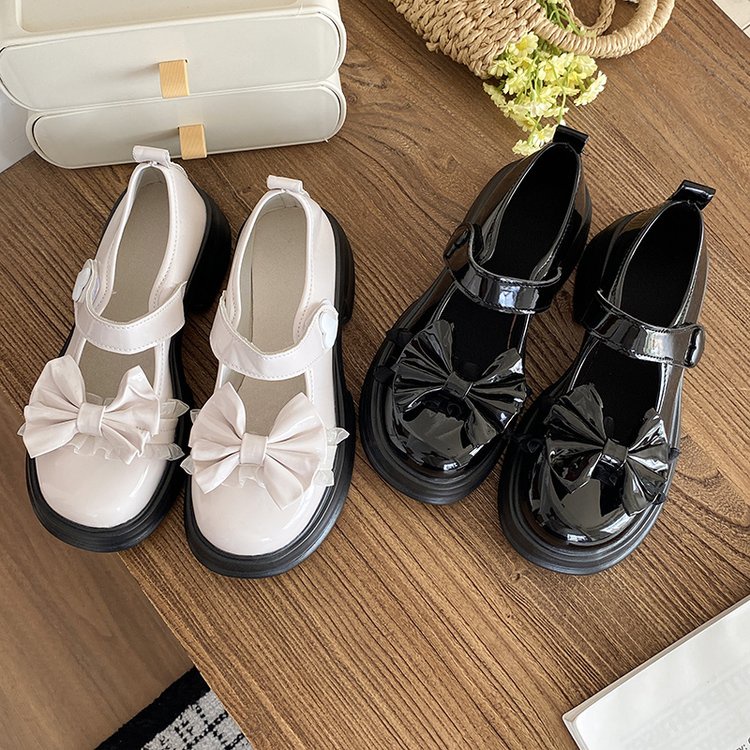 Giày Búp Bê Da PU Đế Dày Đính Nơ Xinh Xắn Phong Cách Nhật Bản