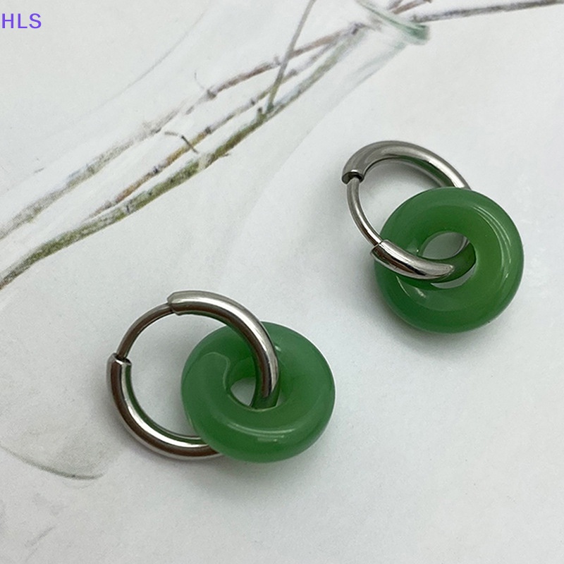 Bông Tai Hình Tròn Bằng Thép Titan Đính Ngọc Bích Phong Cách Vintage Dành Cho Nữ