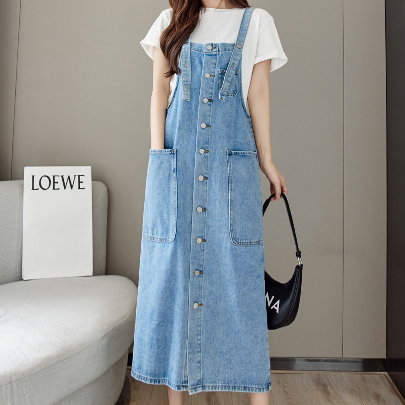 Multiplication real shot plus size của phụ nữ denim vest dress summer fat mm pháp thiết kế retro phong cách phương tây váy ff