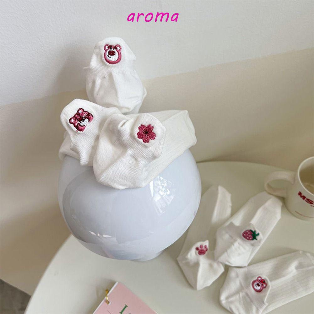 AROMA Đôi Vớ Cổ Chân Thấm Hút Mồ Hôi In Hình Gấu Dâu Tây Phong Cách Hàn Quốc Dành Cho