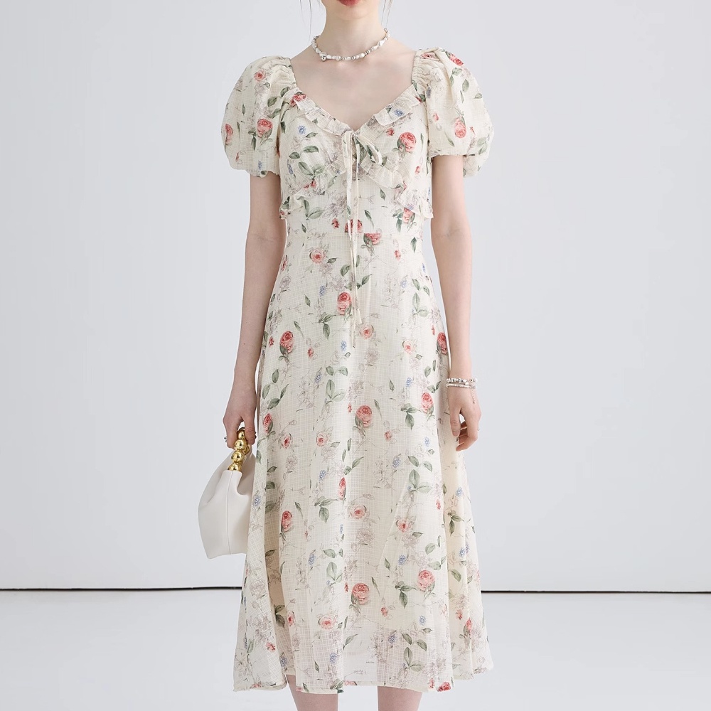 Multiplication vega chang french floral dress women 2023 summer new style high-end sense slimmer look classy bellflower long skirt q