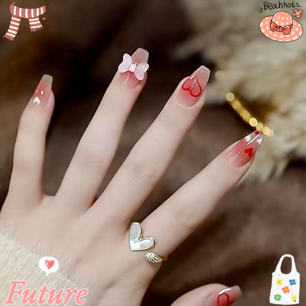 FUTURE Bộ 24 Móng Tay Giả Hình Trái Tim Đính Nơ Xinh Xắn