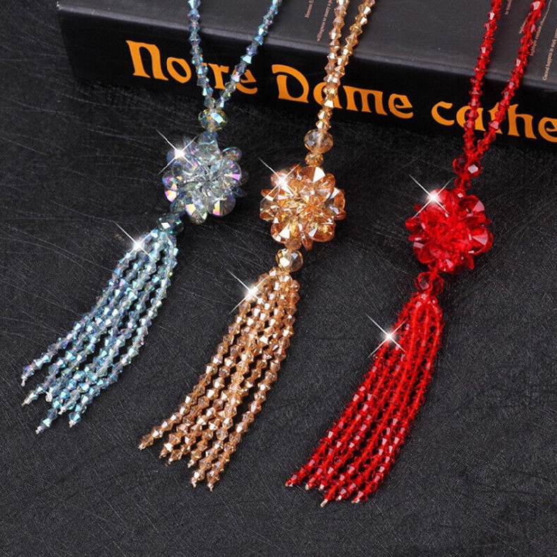 Boho Pendant Beaded Long Statement Necklace Sparkly Crystal Bead Sweater Chain