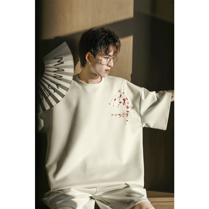 Áo Thun Da Lộn Ngắn Tay Thêu Họa Tiết Phong Cách Trung Hoa Thời Trang Mùa Hè Cho Nam