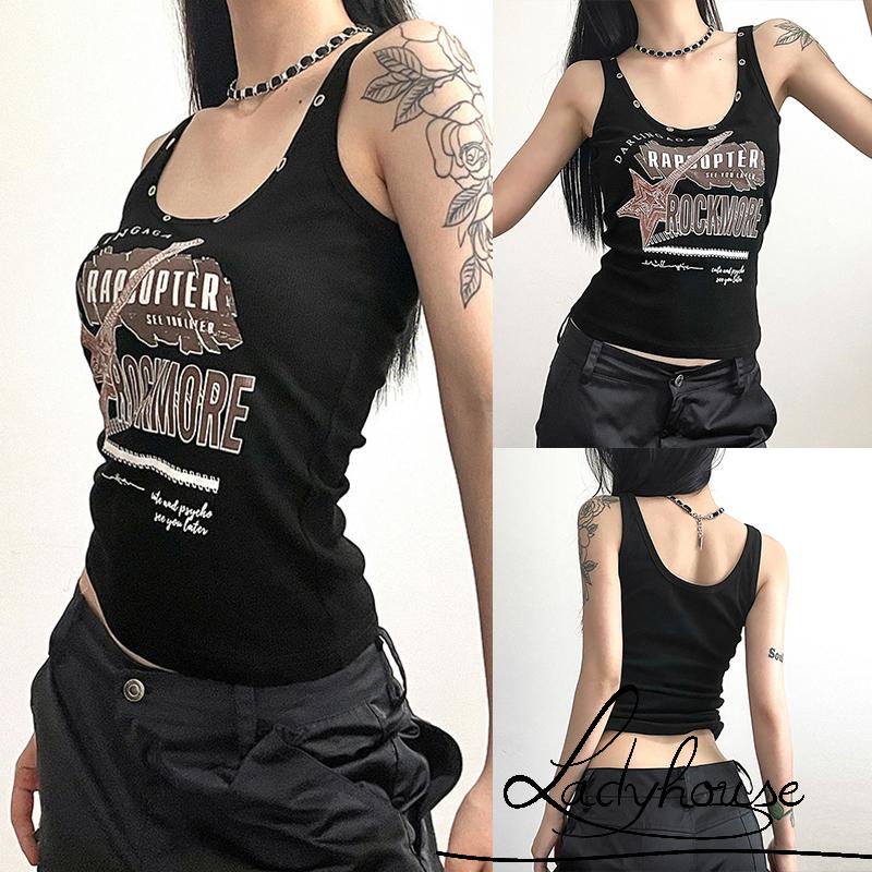 Áo Tank Top Không Tay In Chữ Đính Đinh Tán Kim Loại Thời Trang Mùa Hè Cho Nữ