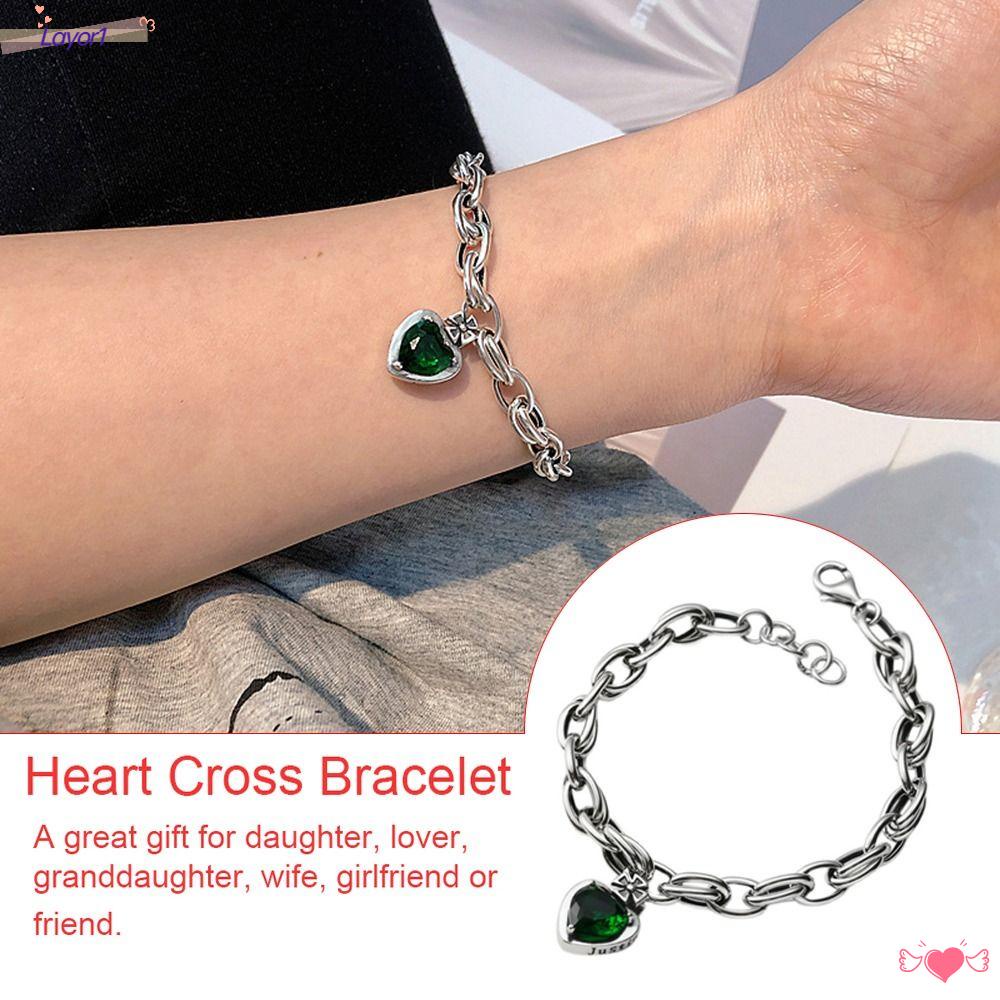 LAYOR1 Vòng Tay Đính Đá Zircon Xanh Lá Hình Thánh Giá Sang Trọng Có Thể Điều Chỉnh