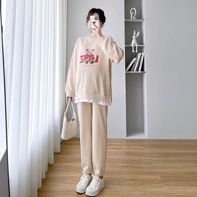 Bộ Áo sweater Dài Tay In Hình Gấu + Quần Dài Dáng Rộng Thời Trang Thu Đông Cho Mẹ Bầu