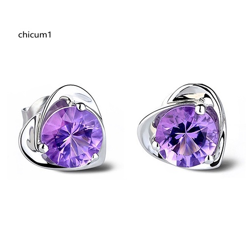 Khuyên Tai Trái Tim Mạ Bạc Đính Đá Pha Lê Tím