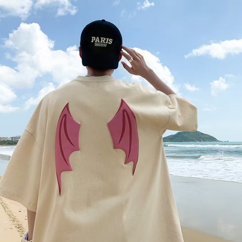 Áo Thun Tay Ngắn Dáng Rộng In Hình Cánh Quỷ Thời Trang Mùa Hè Cho Nam