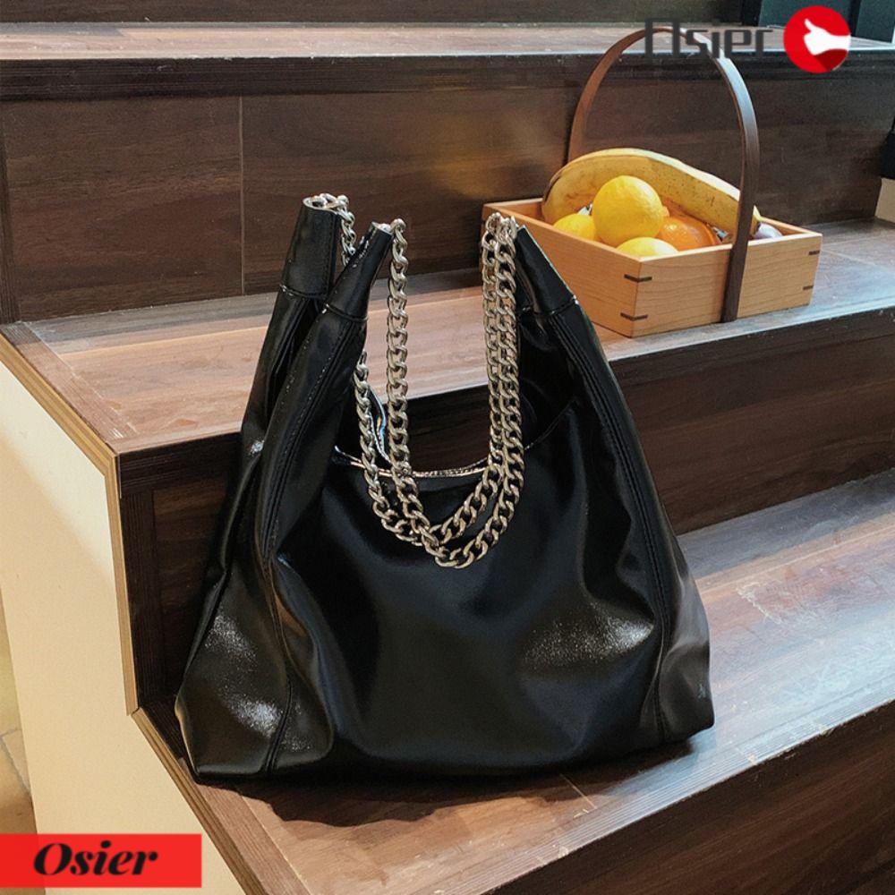 OSIER1 Túi Đeo Chéo Da Pu Mềm Phối Dây Xích Thời Trang Dạo Phố Cá Tính