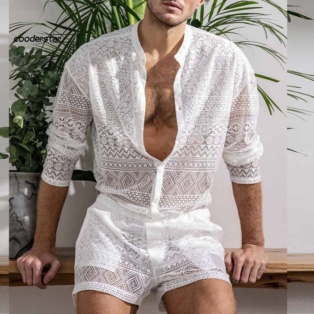 1 Bộ Áo Ren Lưới Xuyên Thấu Màu Trơn Phối Quần Short Thời Trang Mùa Thu Sang Trọng Cho Nam