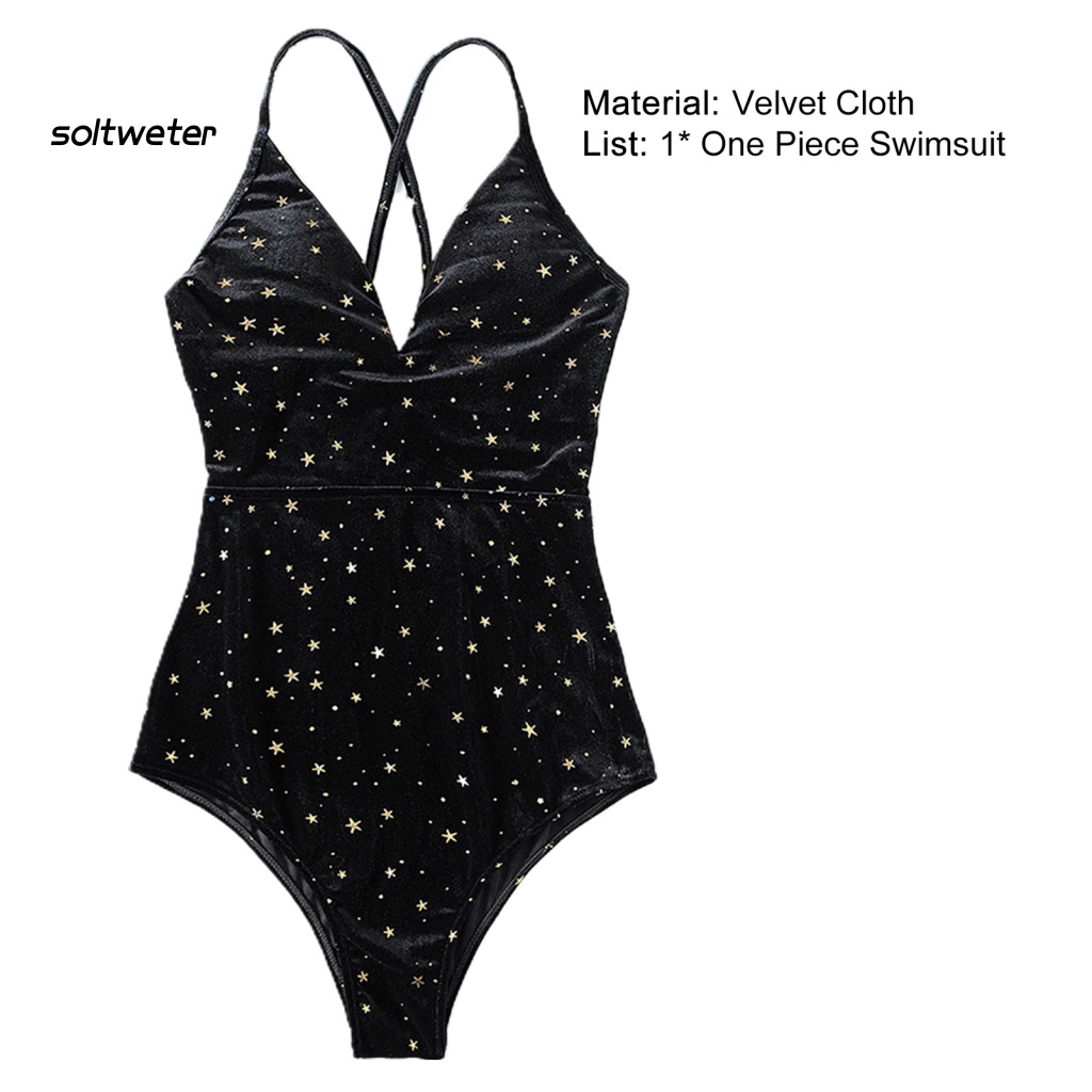 Bộ Đồ Bơi Lưng Cao Bằng Vải Nhung Đính Nơ Họa Tiết Ngôi Sao Năm Cánh Dáng Ôm Thời Trang Đi Biển Cho Nữ