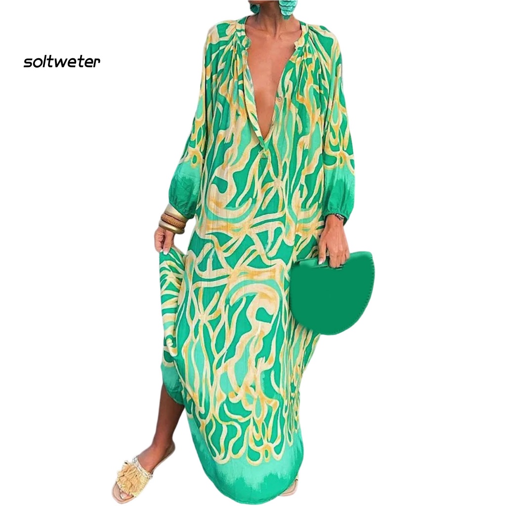 Đầm Maxi Cổ V Dài Đến Mắt Cá Chân Dáng Rộng In Họa Tiết Kiểu Retro Thời Trang Mùa Thu