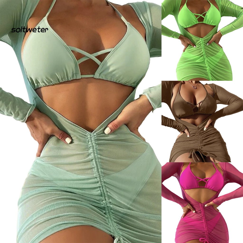 Bộ Đồ Bơi Bikini 3 Món Màu Trơn Hở Lưng Có Mút Đệm Quyến Rũ