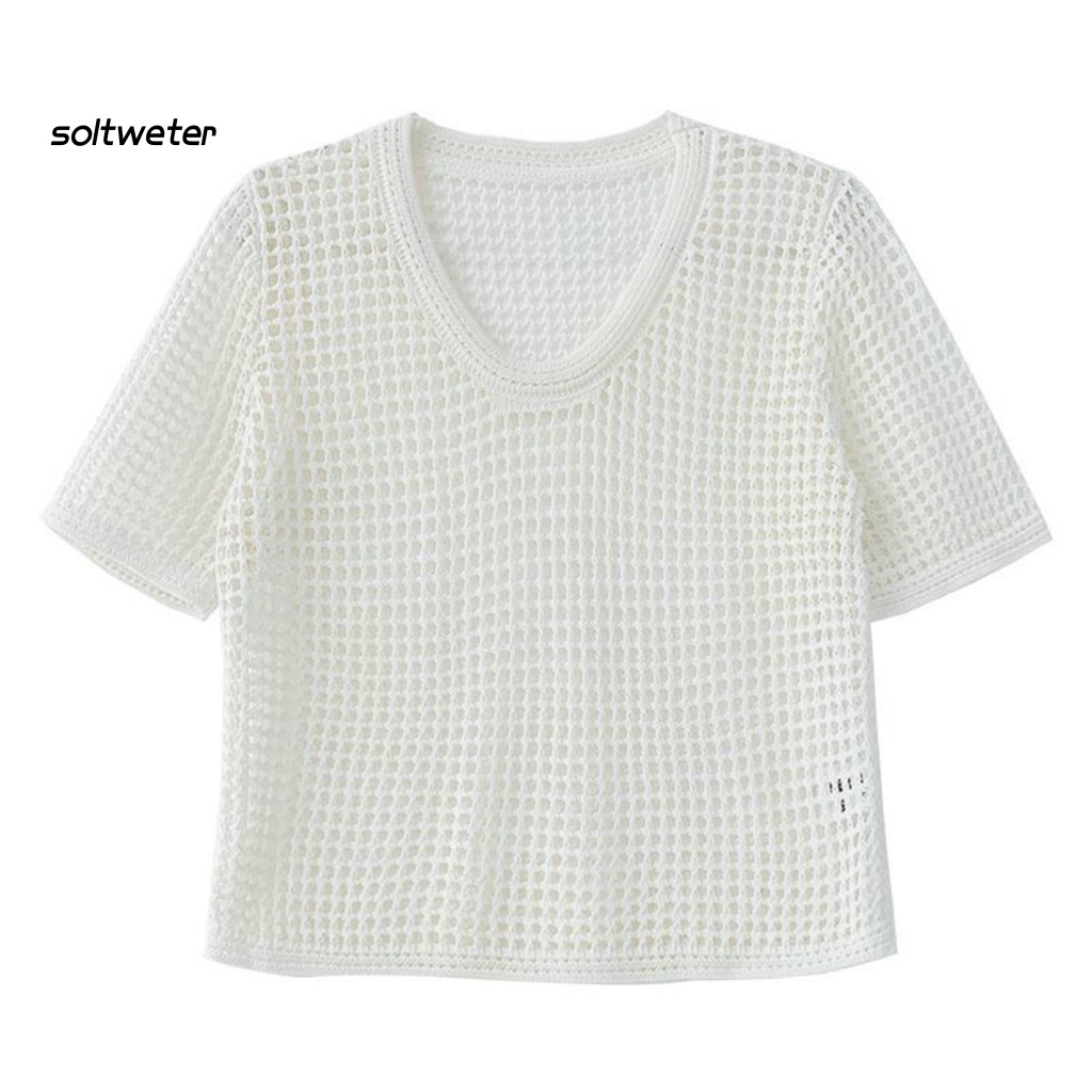 Áo Thun Dệt Kim Mỏng Tay Ngắn Cổ Tròn Màu Trơn Che Nắng Cho Nữ