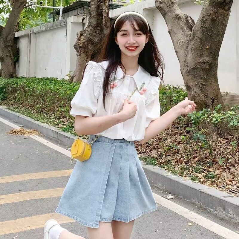 Áo Sơ Mi Tay Ngắn Dáng Rộng Cổ Búp Bê Thiết Kế Độc Đáo Thời Trang Cho Nữ