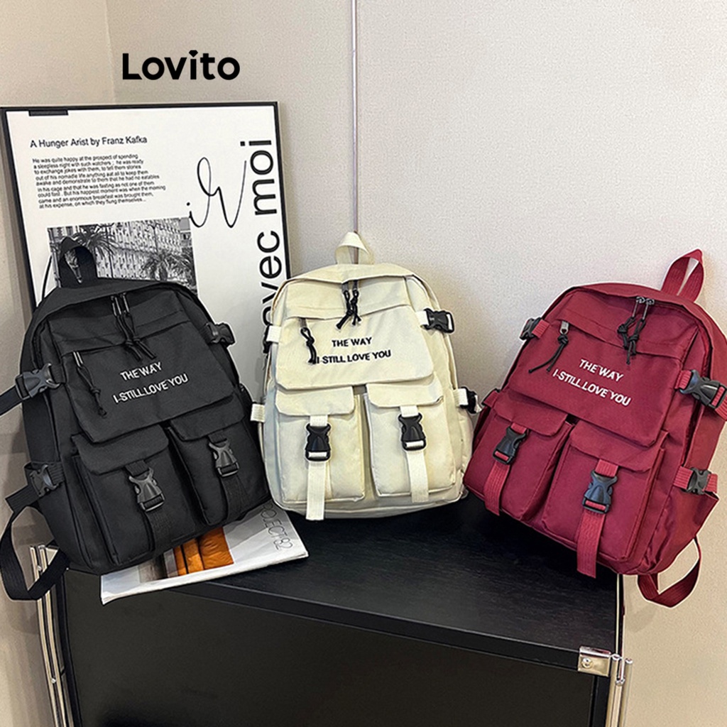 Lovito Ba lô có khóa bỏ túi thông thường có sức chứa lớn dành cho nữ L57AD189 (Tắt Trắng/Đỏ/Đen)