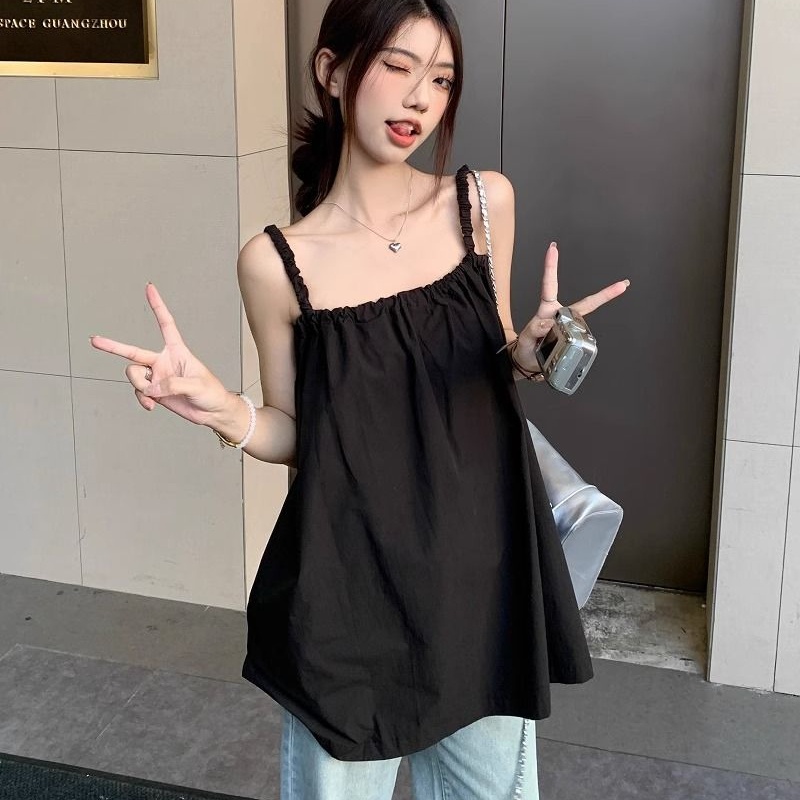 IELGY Áo Hai Dây Dáng Rộng Màu Đen Phong Cách Hàn Quốc Cho Nữ