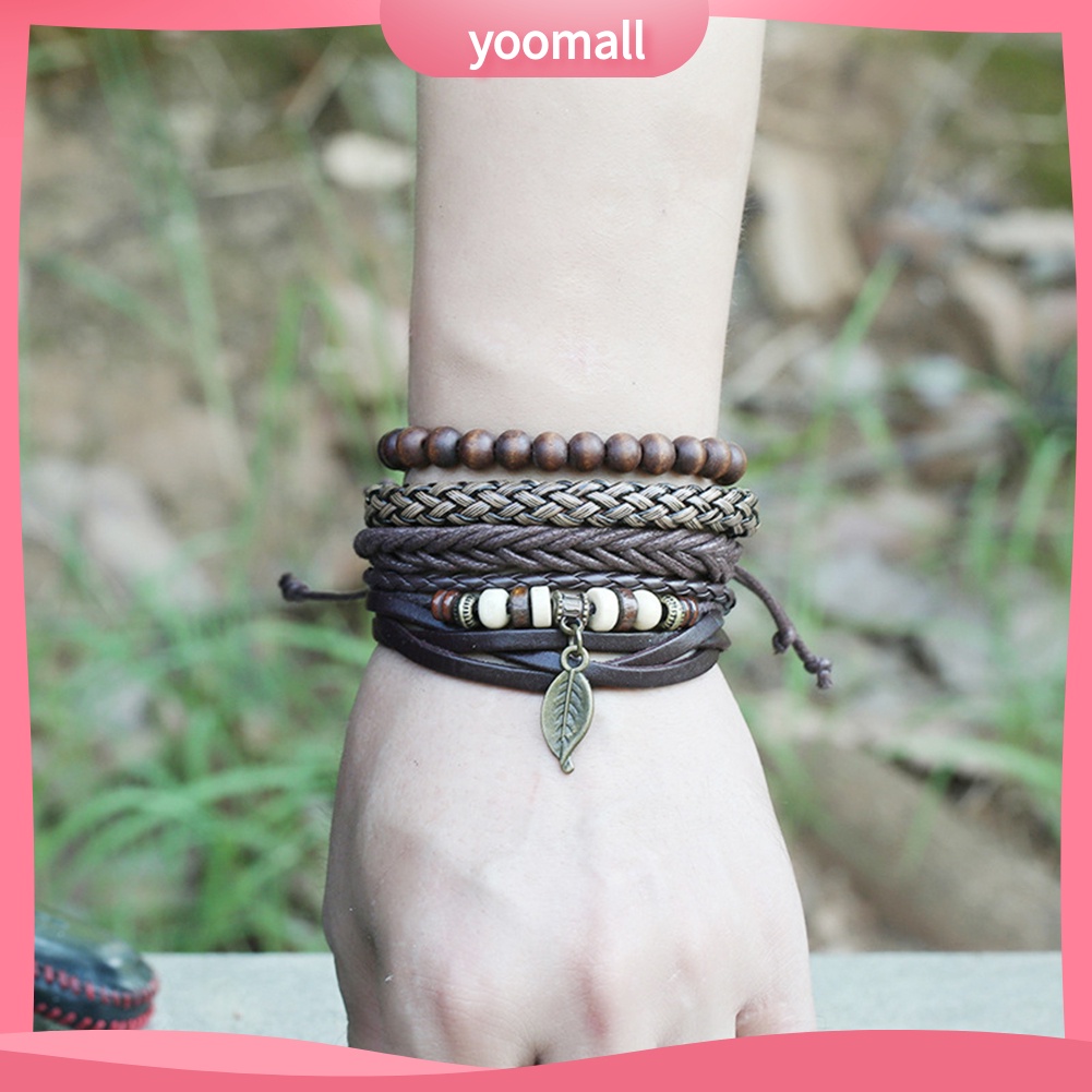 Bộ 4 Vòng Tay Giả Da Nhiều Lớp Họa Tiết Chiếc Lá Thời Trang Cho Nam