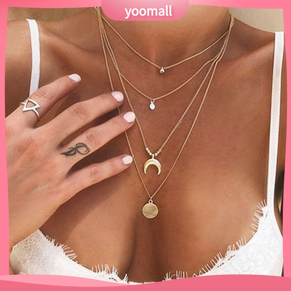Vòng Cổ Choker 4 Lớp Mặt Hình Mặt Trăng Phong Cách Cổ Điển Dành Cho Nữ