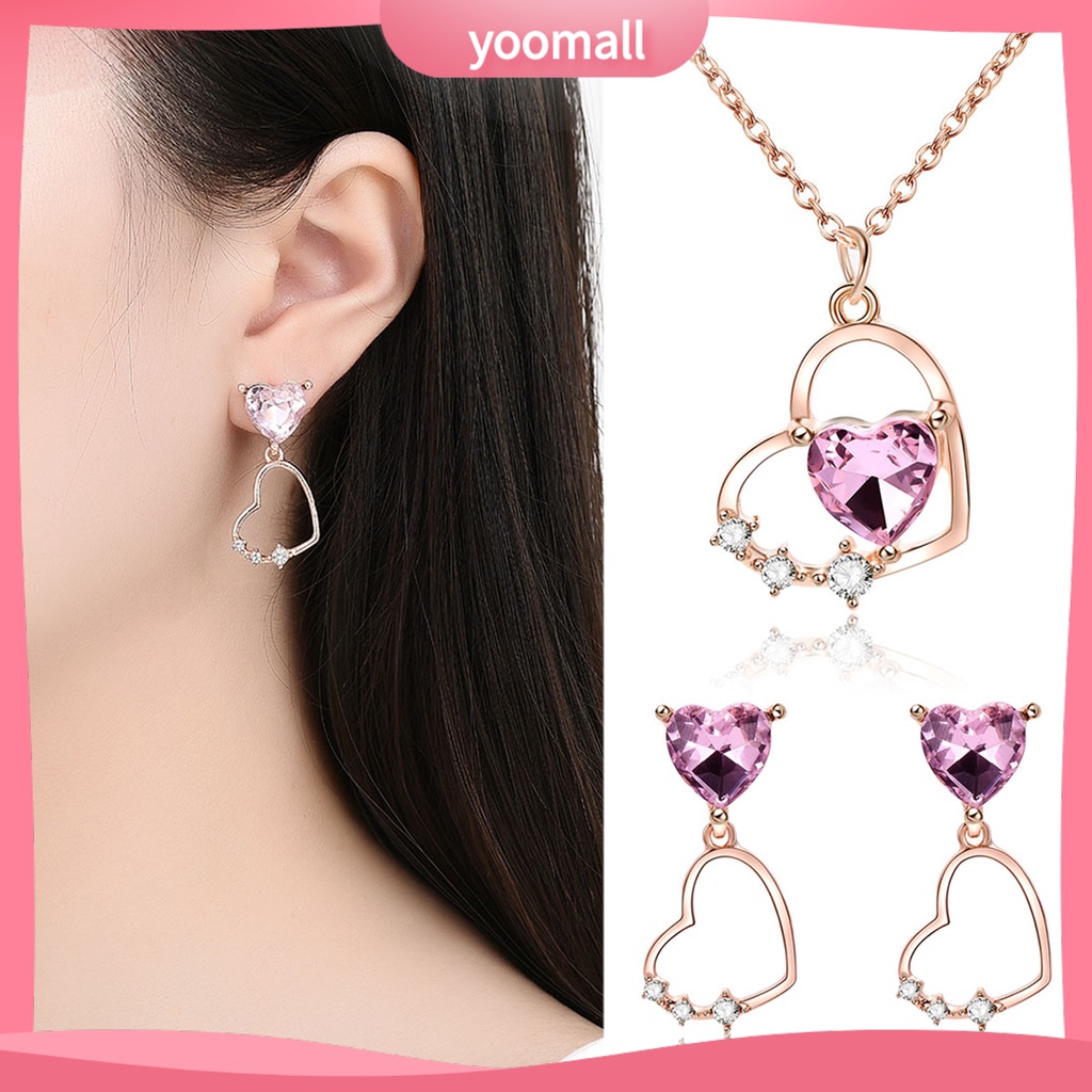 1 Bộ Vòng cổ + Bông Tai Đính Đá Hình Trái Tim Lấp Lánh Cho Nữ