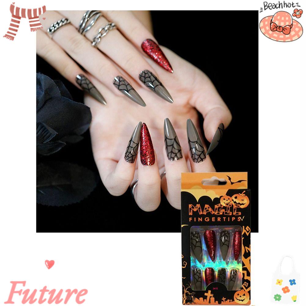 FUTURE Bộ 24 Móng Tay Giả Che Phủ Toàn Diện Có Thể Tái Sử Dụng Trang Trí Halloween Cho Nữ