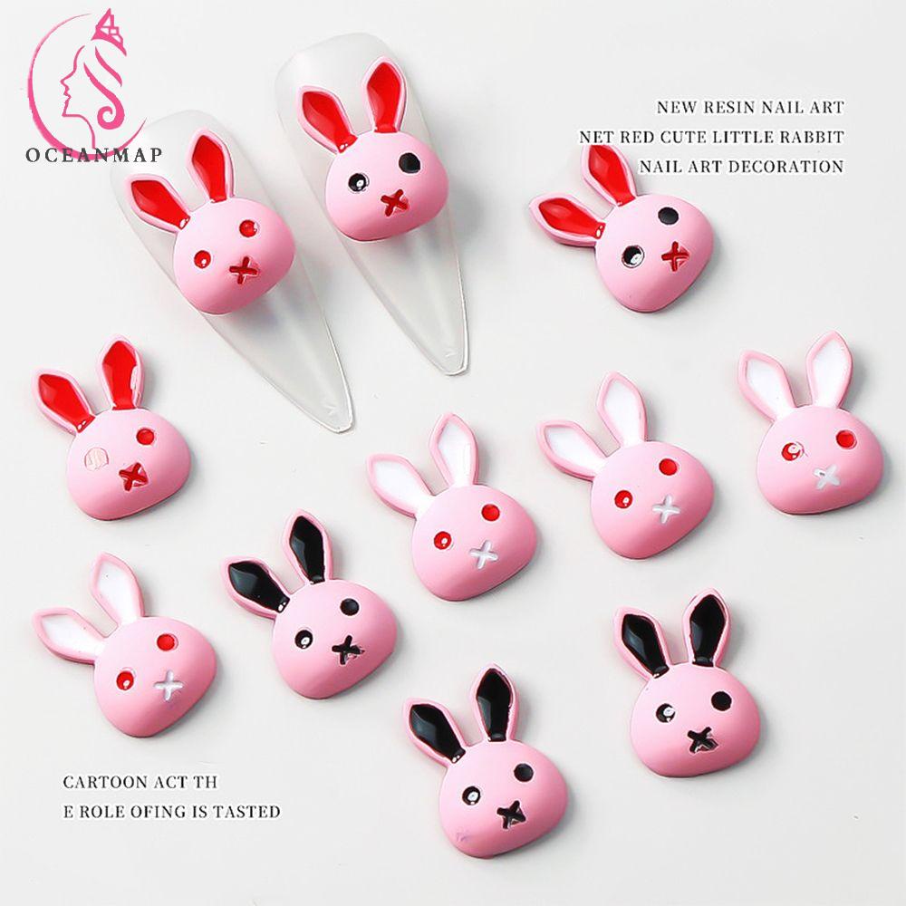 OCEANMAP Phụ Kiện Trang Trí Móng Nghệ Thuật Hình Thỏ Hoạt Hình Màu Hồng Xinh Xắn DIY