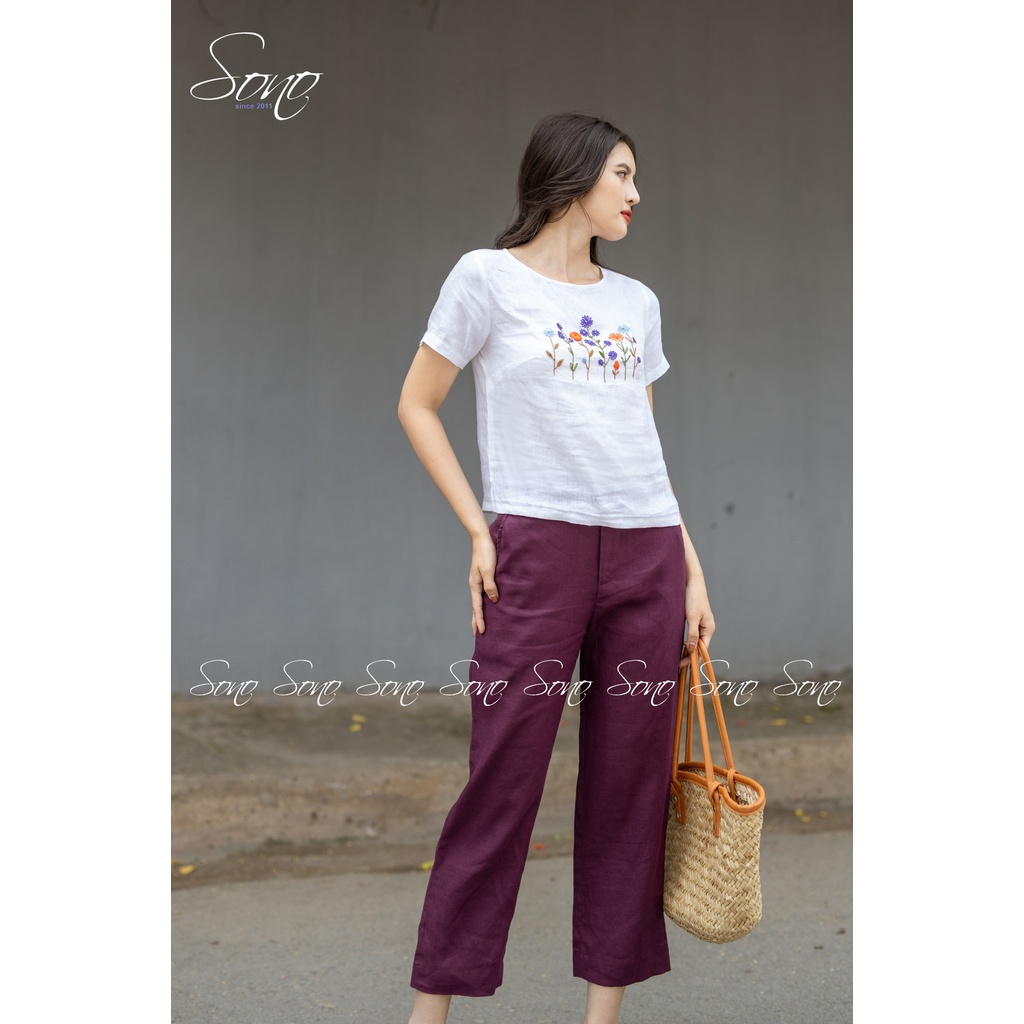 SONO - Áo Linen Có Tay Thêu Hoa Nhí