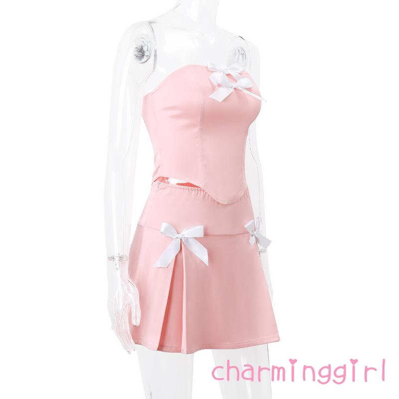 Set Áo Ống Hở Lưng + Chân Váy Chữ A Xếp Ly Thời Trang Mùa Hè Cho Nữ