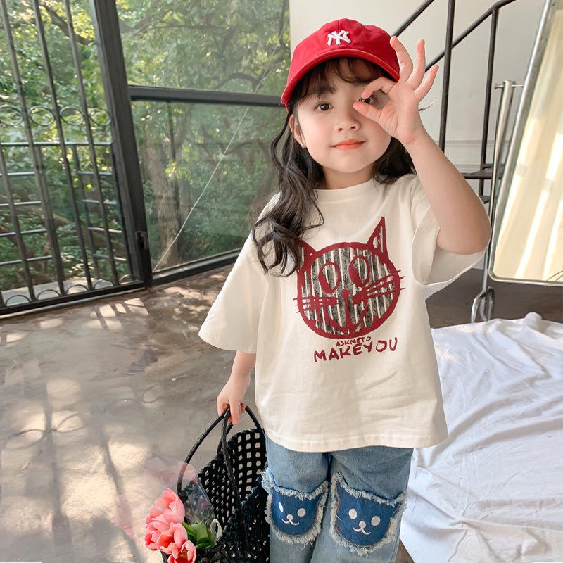 Áo Thun Cotton Màu Trắng Tay Ngắn Thời Trang Mùa Hè 2023 Mới Cho Bé Gái