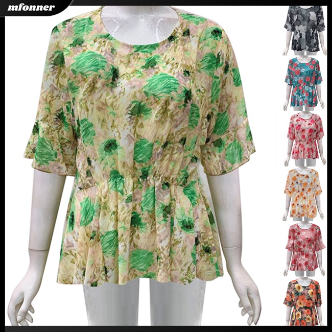 Áo Chiffon Tay Ngắn Cổ Tròn Dáng Rộng In Họa Tiết Hoa Xinh Xắn Cho Nữ