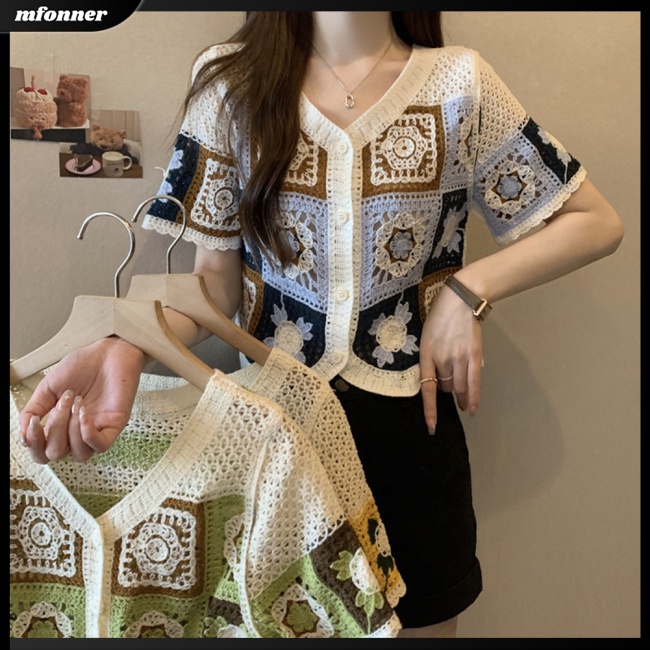 Áo Dệt Kim Tay Ngắn Màu Sắc Tương Phản Phong Cách Retro Dành Cho Nữ