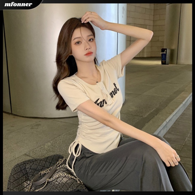 Áo Thun Tay Ngắn Cổ Tròn Phối Dây Rút Thời Trang Mùa Hè Quyến Rũ Cho Nữ