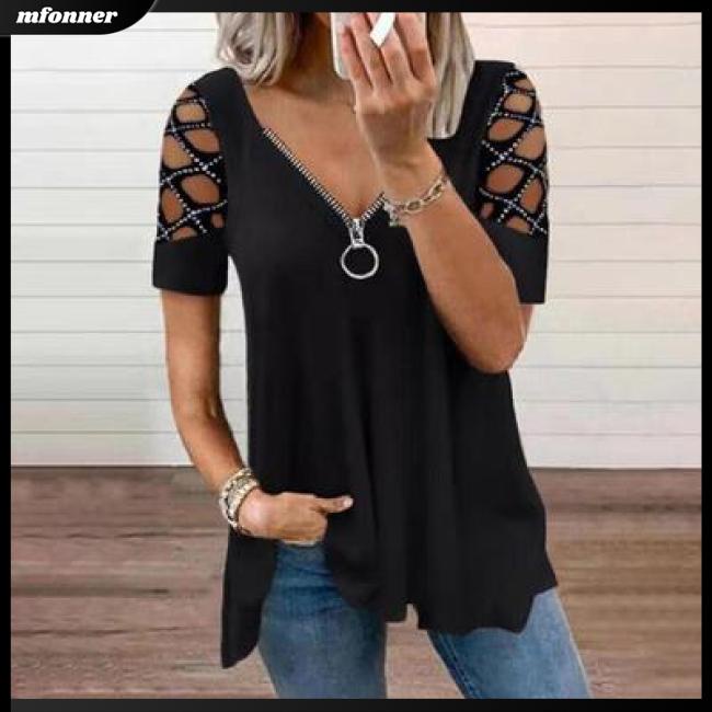 Áo Thun Tay Ngắn Cổ Chữ V Khoét Lỗ Màu Sắc Trơn Thời Trang Mùa Hè Cho Nữ
