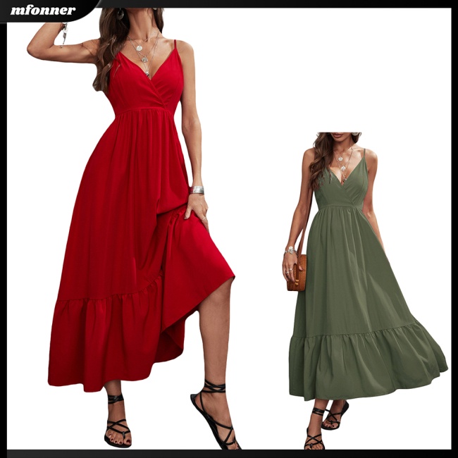 Đầm Dài Hai Dây Dáng Chữ A Lưng Cao Màu Sắc Đơn Giản Thời Trang Mùa Hè Cho Nữ