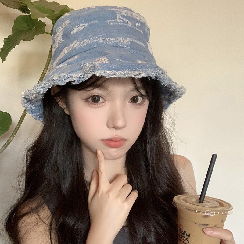 Mũ Bucket Denim Viền Lớn Màu Trơn Phong Cách Nhật Bản Dễ Phối Đồ Cho Nữ