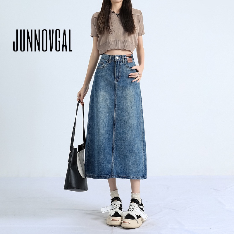 Junnovgal women 2023 thời trang mới nĩa chia eo cao mới váy denim mỏng lê retro