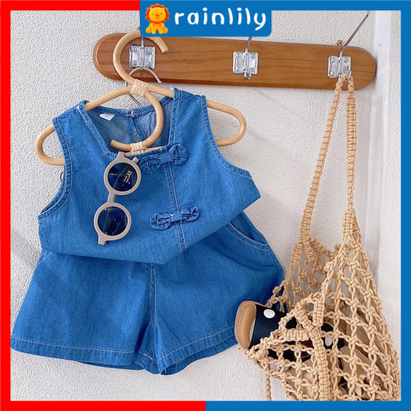 Bộ Áo Sát Nách Phối Quần Short Denim Mỏng Thời Trang Mùa Hè 2022 Cho Bé Gái