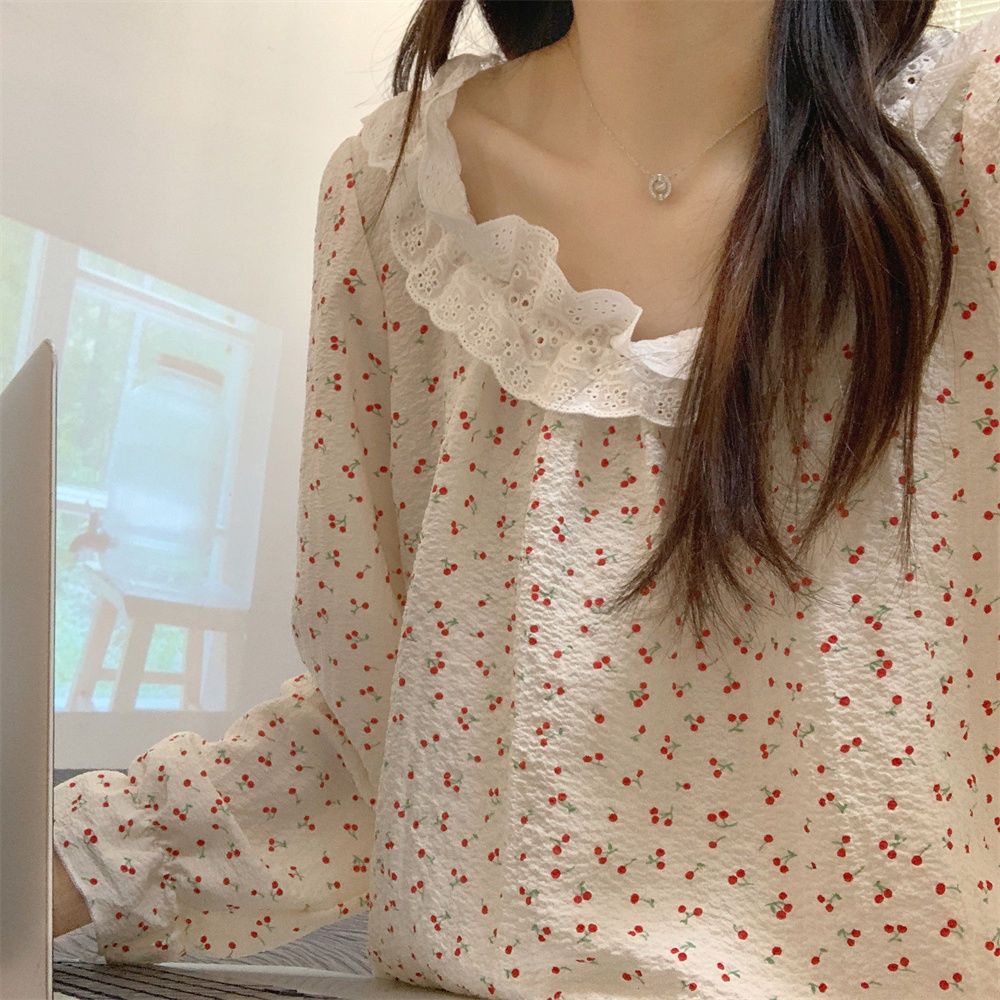 Bộ Đồ Ngủ Tay Dài Phối Ren Phong Cách Hàn Quốc Thời Trang Xuân Thu Xinh Xắn Cho Nữ