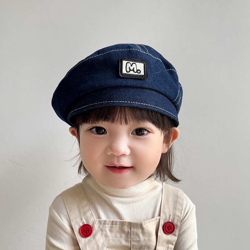 Mũ Beret Denim Thêu Chữ M Phong Cách Hip Hop Thời Trang Cho Bé
