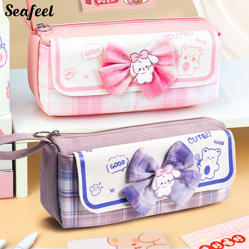 Túi Đựng Bút Hai Ngăn Đính Nơ Sức Chứa Lớn Phong Cách Đại Học