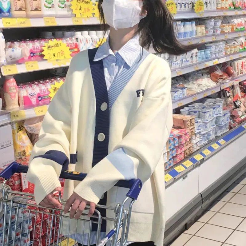 Áo Khoác Cardigan Dệt Kim Thêu Chữ Phối Màu Phong Cách Hàn Quốc Thời Trang Cho Nữ