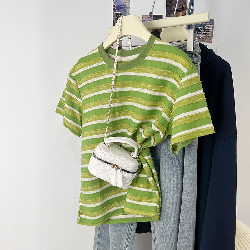 Áo Thun Ngắn Tay Dáng Rộng Họa Tiết Kẻ Sọc Phong Cách Retro Thời Trang Mùa Hè Cho Nữ