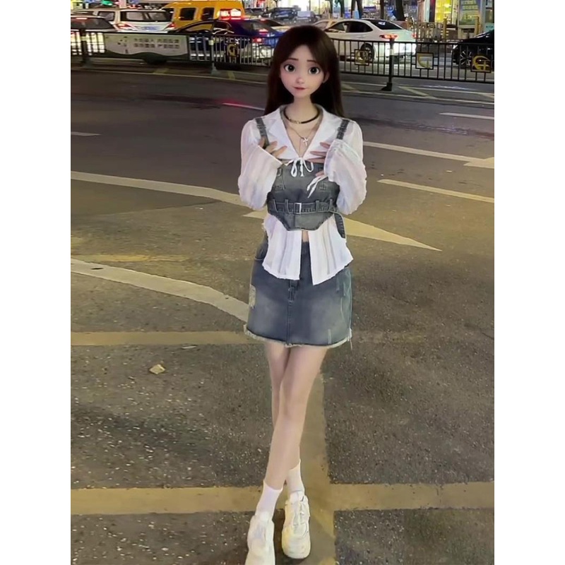 Set Áo Váy Denim Ba Mảnh Eo Cao Phong Cách Hàn Quốc Thời Trang Mùa Hè Mới 2023 4OST Dành Cho Bạn Nữ