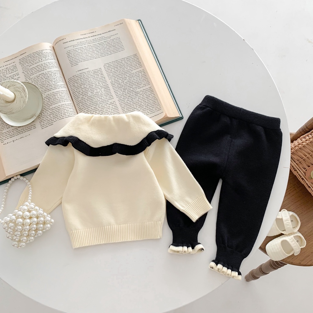 Bộ Áo Khoác Cardigan Dệt Kim + Quần Dài In Hoa Thời Trang Thu Đông Phong Cách Mới Cho Bé Gái