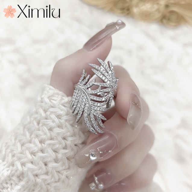 ♥ Nhẫn Mạ Bạc Hình Lông Vũ Đính Đá Độc Đáo Sáng Tạo Cho Nữ