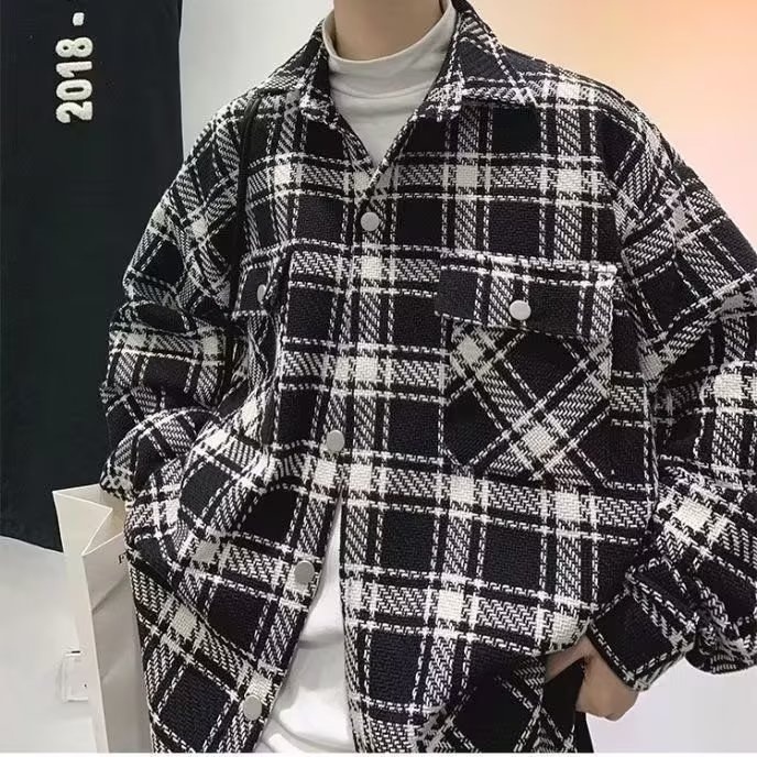 Áo Khoác Sơ Mi Da Pu Tay Dài Kẻ Sọc Caro Trắng Đen Phong Cách Hong Kong Thời Trang Mùa Thu Cho Nam