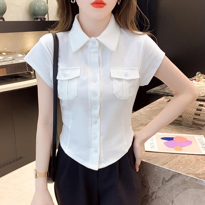 Áo Sơ Mi Cotton Tay Ngắn Dáng Ôm Thời Trang Mùa Hè Phong Cách Hàn Quốc Dành Cho Nữ