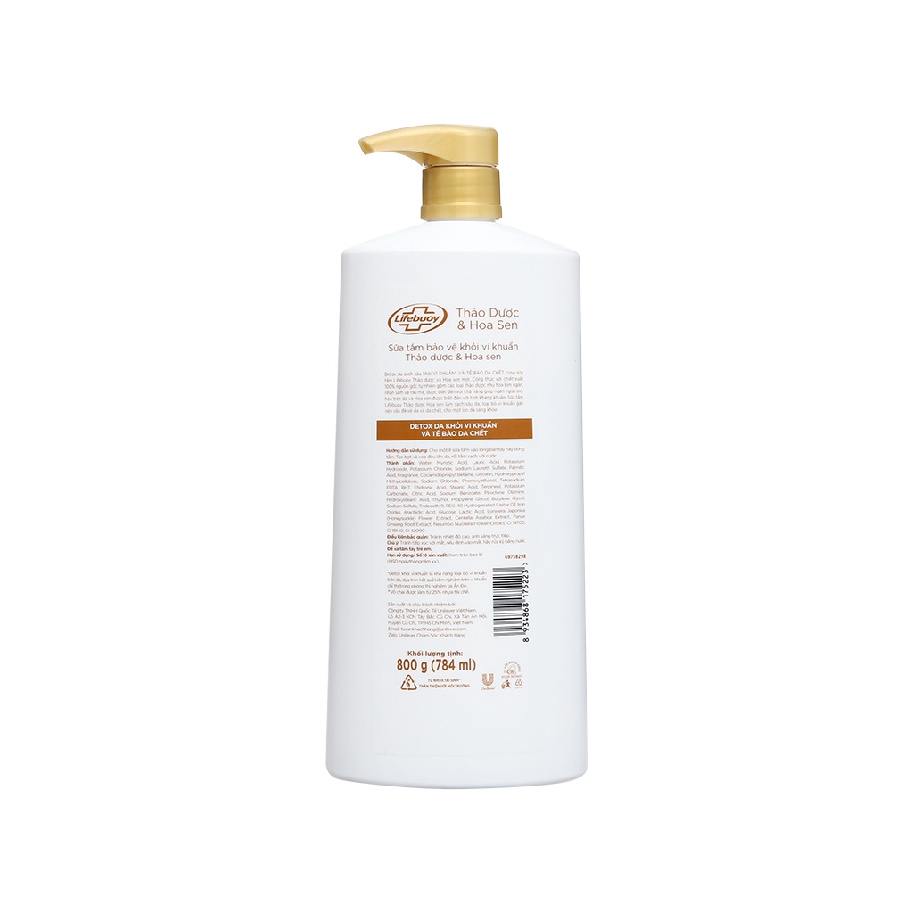 Sữa tắm detox Lifebuoy bảo vệ da khỏi vi khuẩn thảo dược và hoa sen 800G